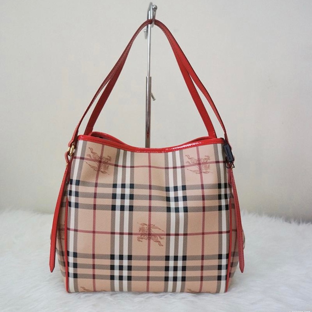 Burberry Small Haymarket Canterbury Tote Coral Red